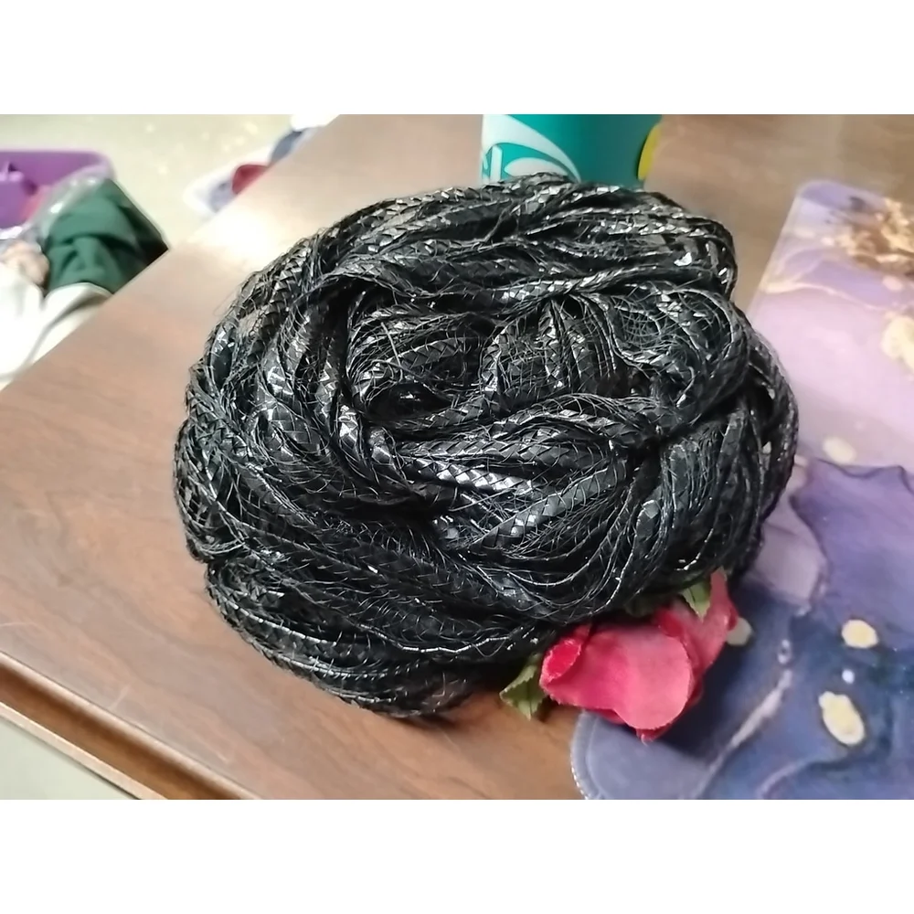 Vintage Black Woven Ladies Pillbox Hat With Roses One Size Kayser-Lilienthal